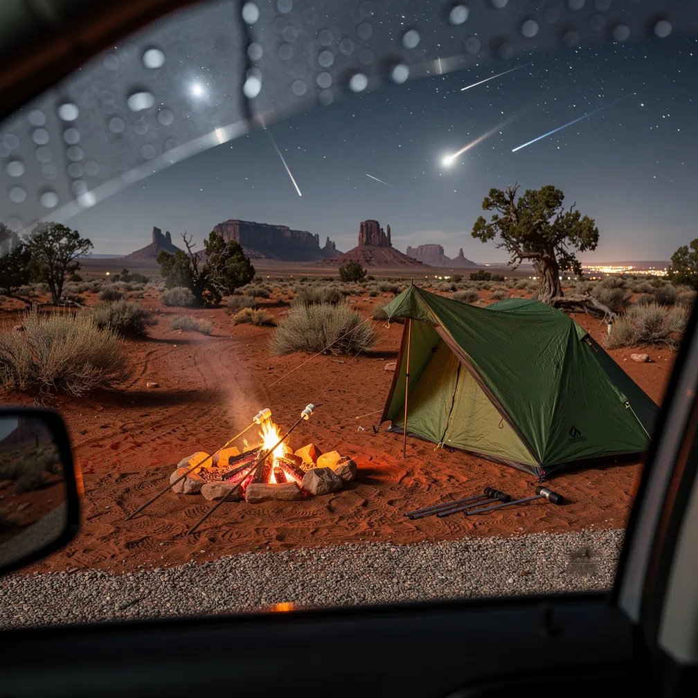 A small green tent sits on the red desert sand, surrounded by sagebrush and little juniper trees. A cozy campfire glows as marshmallows roast and thin smoke drifts into the cool night air. Far away, dark rock buttes stand under a bright moon and a sky with shooting stars.