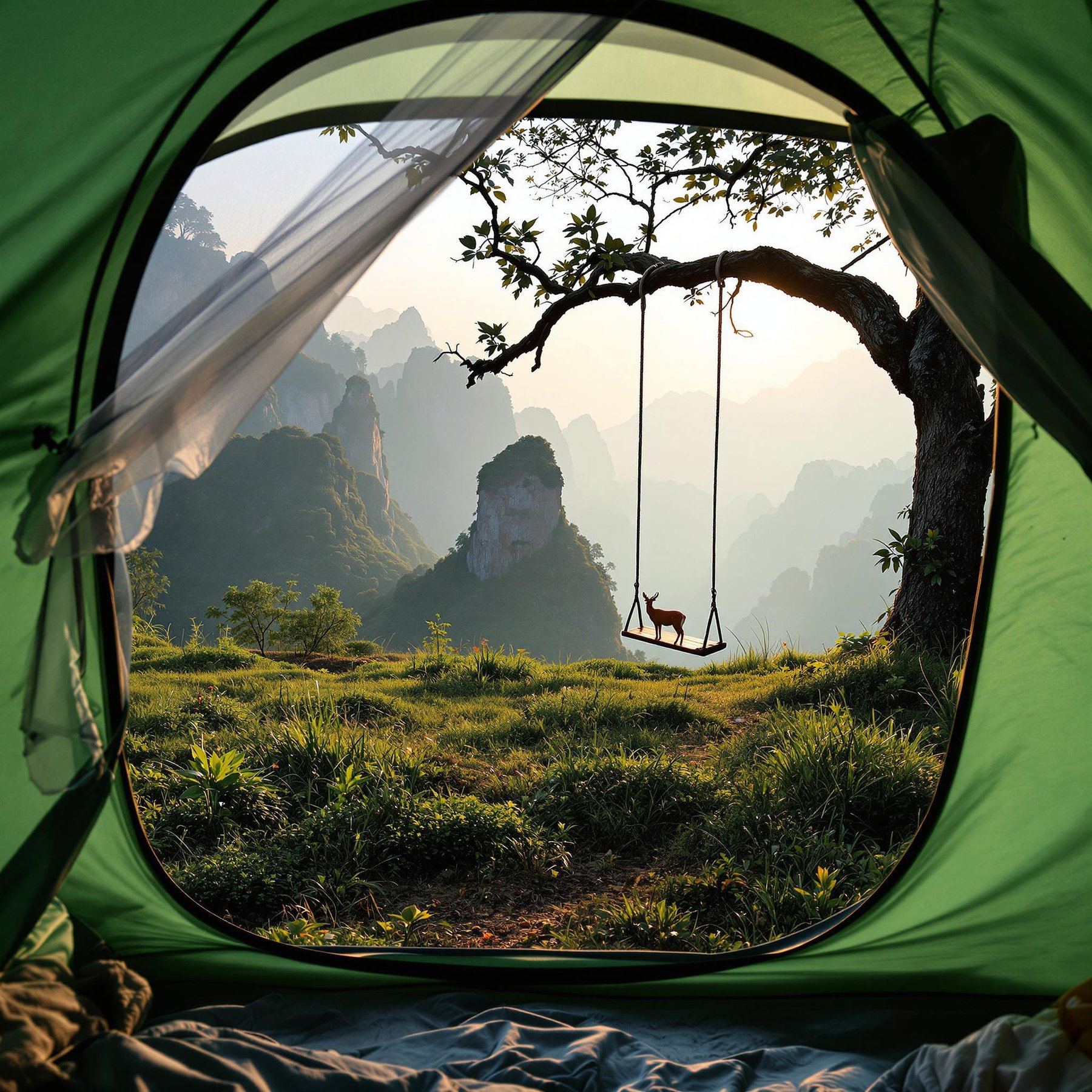 A green tent rests among tall grass in the rolling hills of Zhangjiajie, China. Soft sunrise light shines through the trees, while a deer stands in the distance. A rope swing hangs from a sturdy branch, adding a playful touch to the peaceful scene.