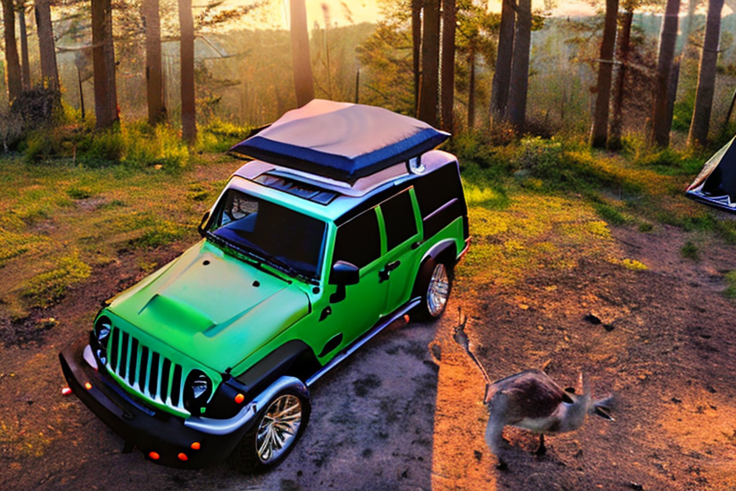 A green Jeep with an open rooftop tent rests in a quiet, snowy forest at sunrise. Fallen leaves cover the ground, while a guitar sits nearby and a deer watches from the distance.
