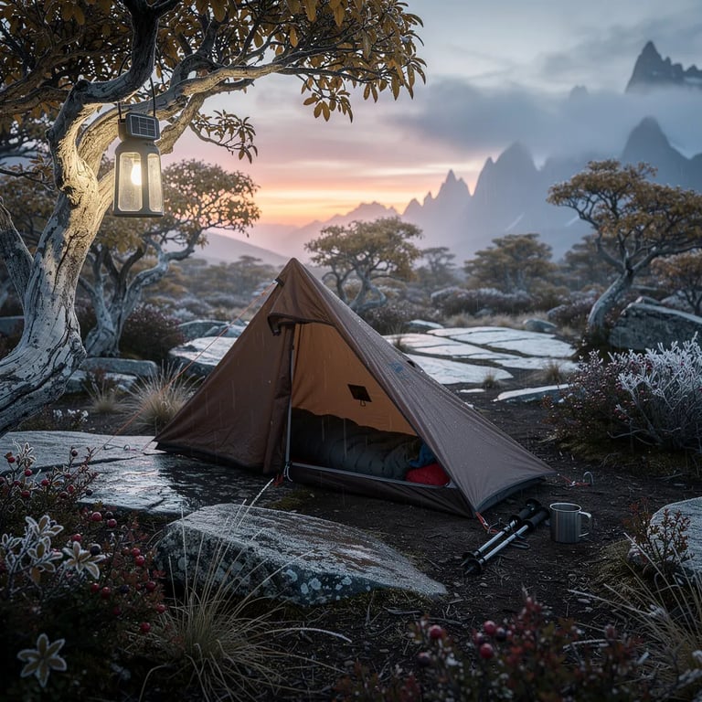 A small brown tent sits low on damp ground in a wild, windy forest of twisted trees and berry bushes. Warm sunset light glows on the granite rocks while cool blue shadows and mist drift through the air. A little solar lantern hangs from a branch, and faint frost and fresh animal tracks make the campsite feel quiet and far away.