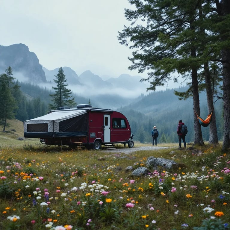 A burgundy camper rests in a misty meadow at Plitvice Lakes National Park. Wildflowers brighten the grass, while a hammock hangs between the trees. Rolling hills and nearby hikers add to the peaceful outdoor scene.