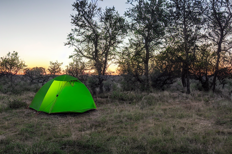 A green tent rests on a quiet dirt patch in the New Mexico desert. Tall grass, a picnic table, and camping chairs surround the site, while a wooden guitar lies nearby. Soft sunset light and gentle fog create a peaceful mood.