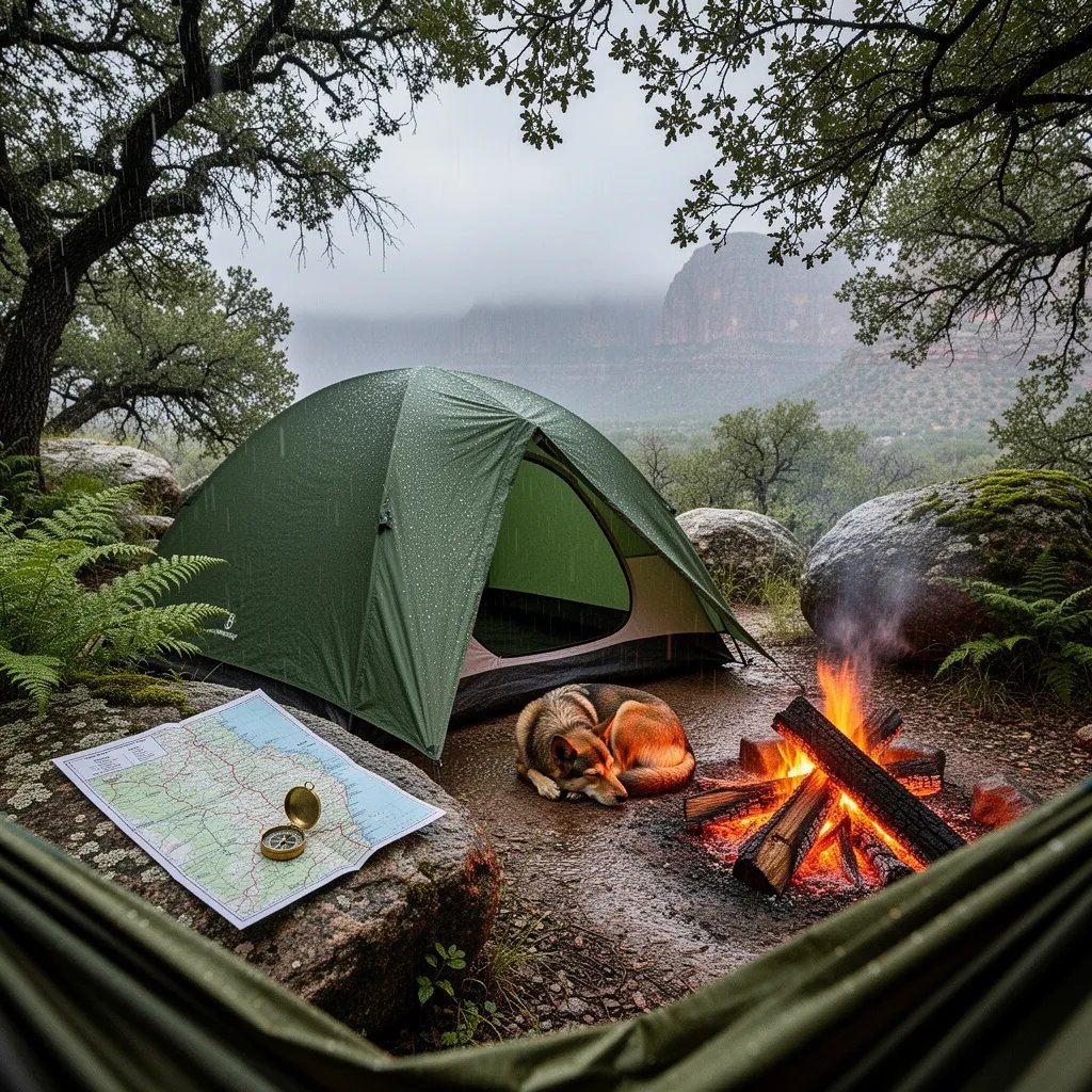 A cozy green tent and a tiny sleeping dog rest by a glowing campfire under tall, wet trees. Soft rain falls on mossy rocks and ferns while mist hides the faraway canyon walls.
