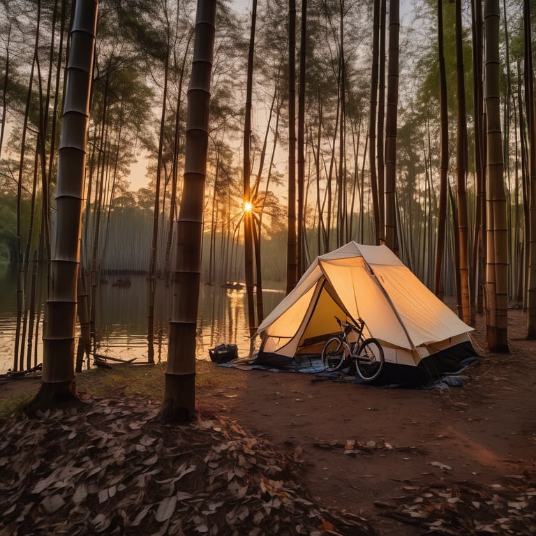 A cozy truck bed tent rests in a bamboo forest beside a quiet lake. A bicycle leans nearby, while a glowing lantern hangs from a tree. Sunset light, soft clouds, and scattered pine cones create a dreamy camping scene.