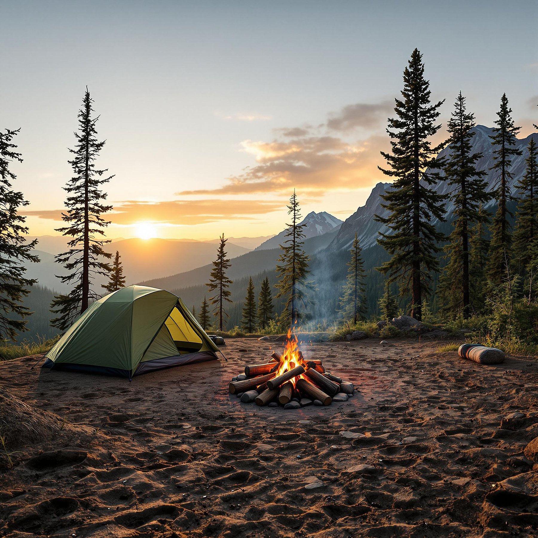 A green tent rests at a scenic mountain overlook as warm golden light fills the forest. A crackling campfire and log seats sit at the heart of the campsite, with animal tracks marking the dry dirt nearby. Hikers enjoy the peaceful view in the distance.