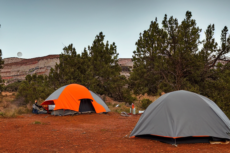 A gray and orange tent rests beside a dirt patch at a paved campsite in Capitol Reef National Park. Tall trees, cloudy skies, distant surfers, and a wooden guitar create a peaceful yet playful scene, with the moon faintly visible above.