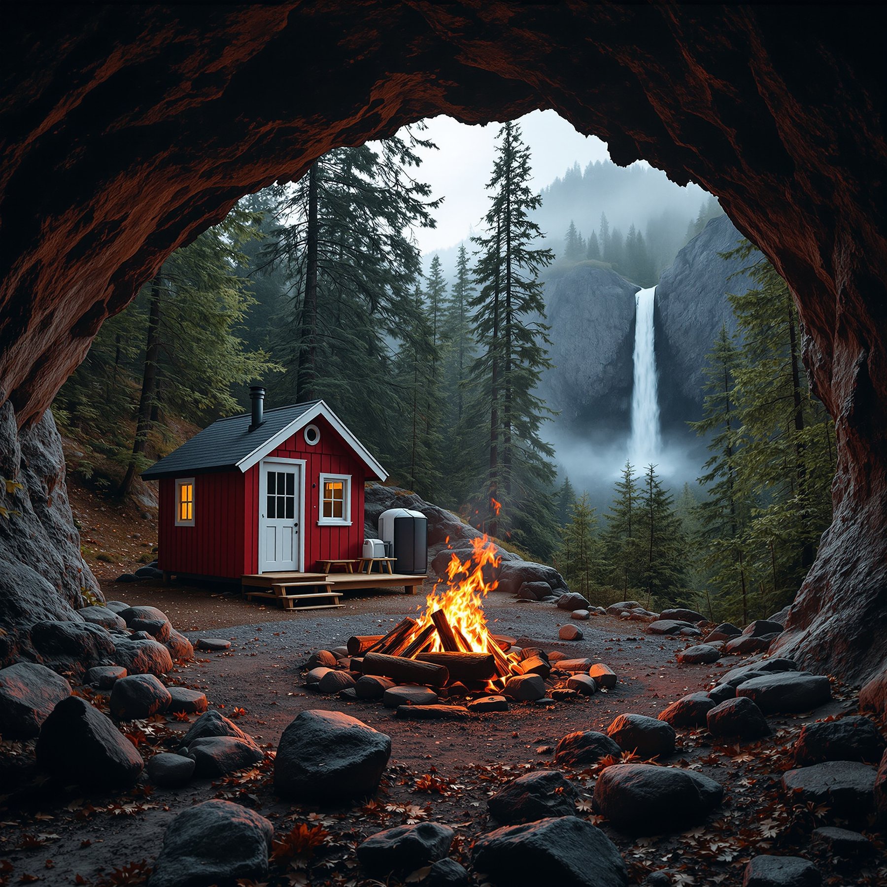 Cozy up in a little red cabin by a crackling campfire, hidden in a forest cave. Tall pine trees surround you, and a beautiful waterfall rushes down the cliffs nearby. This peaceful campsite feels like a secret hideaway in nature.