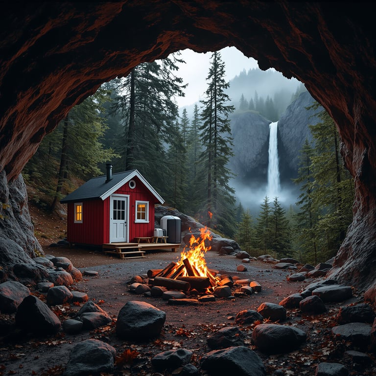 Cozy up in a little red cabin by a crackling campfire, hidden in a forest cave. Tall pine trees surround you, and a beautiful waterfall rushes down the cliffs nearby. This peaceful campsite feels like a secret hideaway in nature.