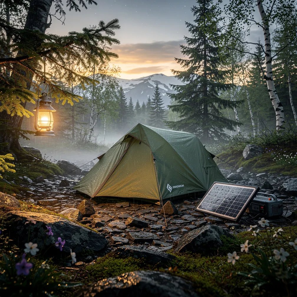 At dawn in the Alaskan woods, a forest-green tent sits on wet stones in a quiet clearing. Warm light from a small lantern glows on raindrops, moss, and shiny leaves. A little solar panel charges on the ground while thin mist drifts between spruce and birch trees. Faint stars still hang in the cool sky as a few wildflowers peek out near the edge.