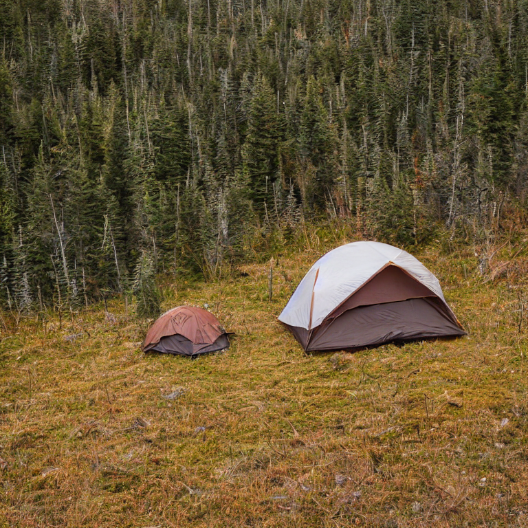 A brown tent rests on a mountain campsite beside a warm campfire. Snowy air surrounds the tall grass, fall-colored trees, and a large rock. A backpack sits nearby on the dirt.
