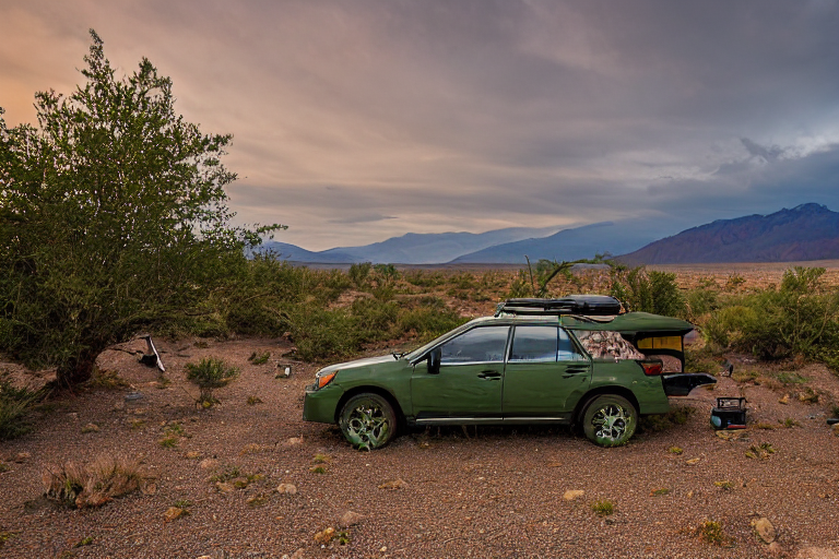 A green camo Subaru rests at a quiet dirt campsite in Death Valley. Its rooftop tent is open beneath a rainy golden sky, with boulders, ferns, and small flowers nearby. A picnic table adds a cozy touch to the wild setting.