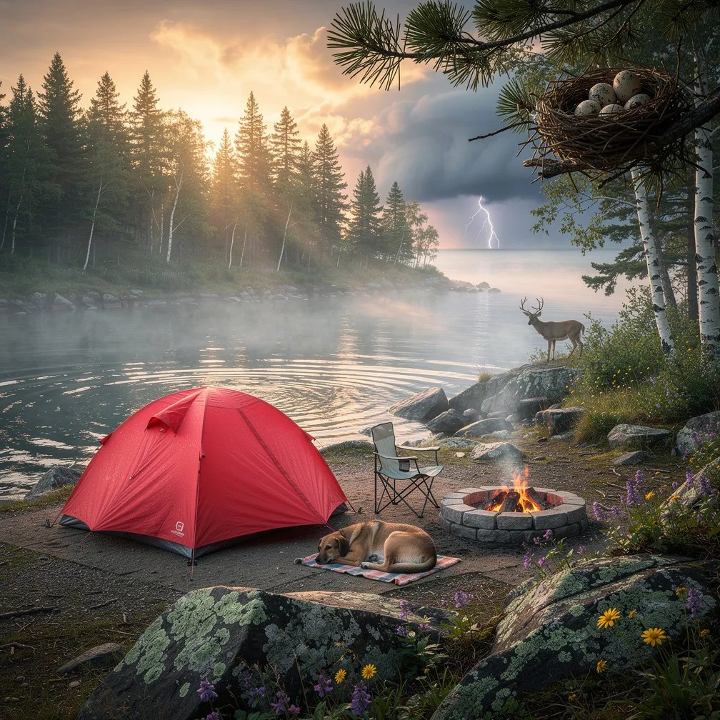 Dawn light spills over a quiet lake as mist drifts through tall pine and birch trees. A bright red tent sits by a rocky shore with tiny wildflowers, and a chair rests near a fire ring with warm, glowing embers. A sleepy dog curls up close by while a deer grazes at the edge of the woods, and a far-off storm flashes once on the horizon.