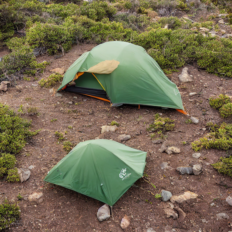 A cozy tent rests on a dirt clearing beside a glowing campfire. Large bushes and boulders surround the campsite, with a picnic table nearby. Fog drifts through the rough coastal land beneath a sky full of stars.