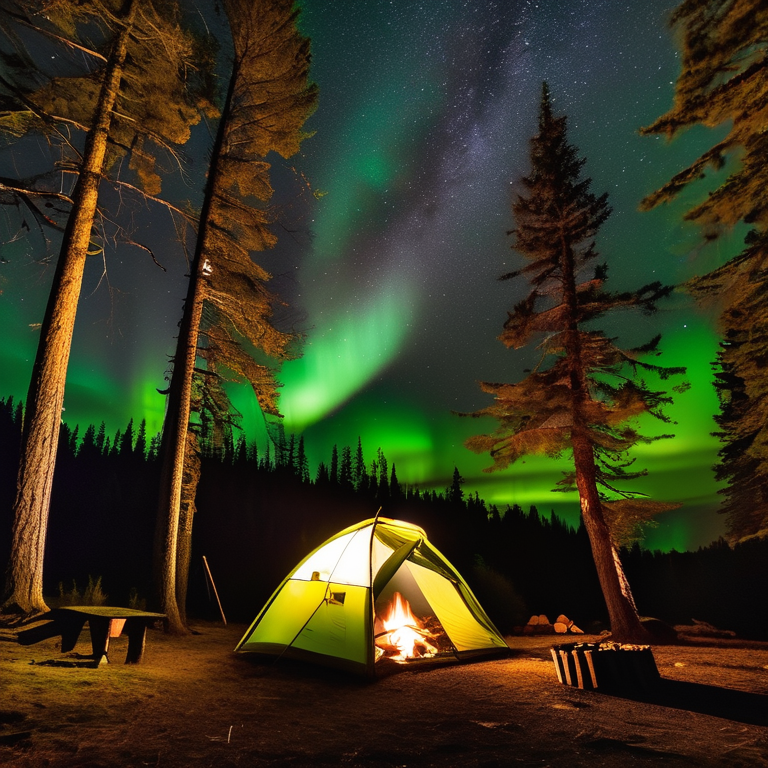 A green camo tent rests among tall trees on a quiet, foggy night. A warm campfire glows beside the dirt clearing, with a lantern nearby. Bright green auroras ripple across the sky.