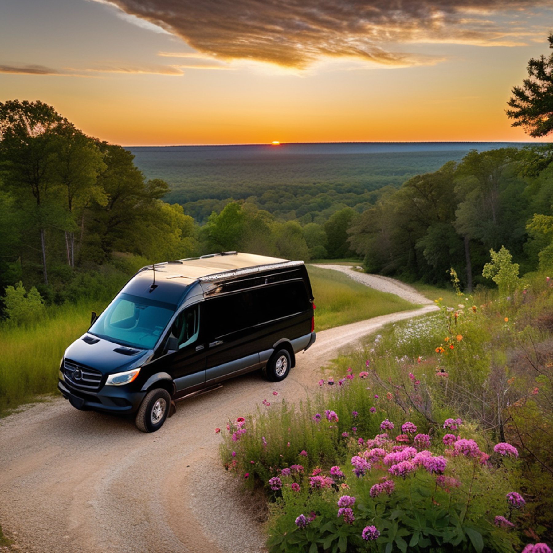 A cozy camper van rests on a paved campsite in the Ozark hills as the sun sets. Wildflowers brighten the ground, while a deer stands far away near a rocky path.