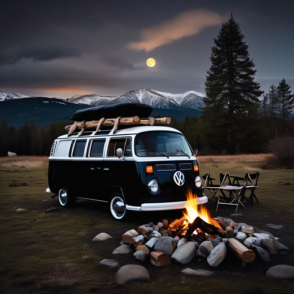 A black campervan rests in a quiet grove beneath a stormy dusk sky. A warm campfire glows beside camping chairs and a large log, with stones scattered on the ground. Far away, a snowy mountain peak rises beneath the pale moon.