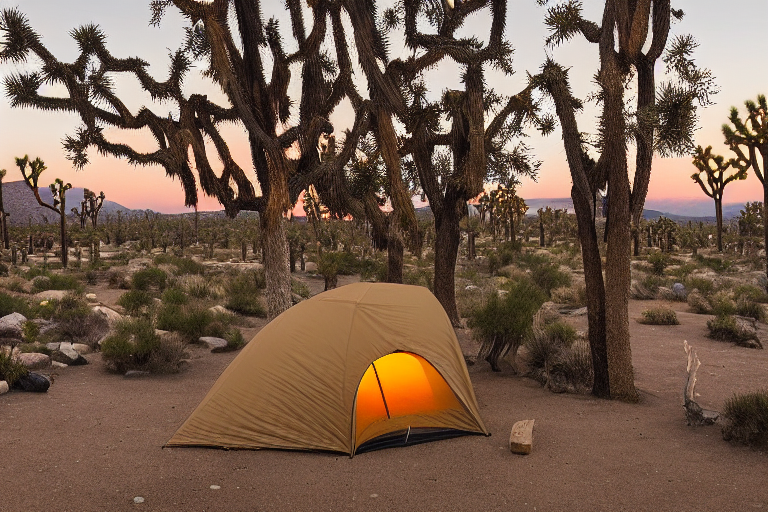 A tan tent rests beside a warm campfire on a rocky patch in Joshua Tree National Park. Rainy dusk, mossy trees, and a winding dirt path create a quiet, cozy mood.
