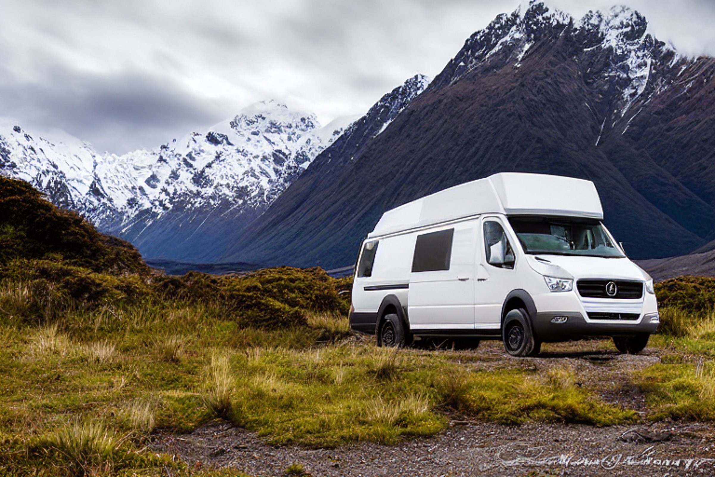 A white camper van rests on a rocky campsite in Mount Cook National Park. Ferns and dirt surround the paved spot, while hikers explore the wild landscape. Soft sunset light glows beneath the cloudy sky.