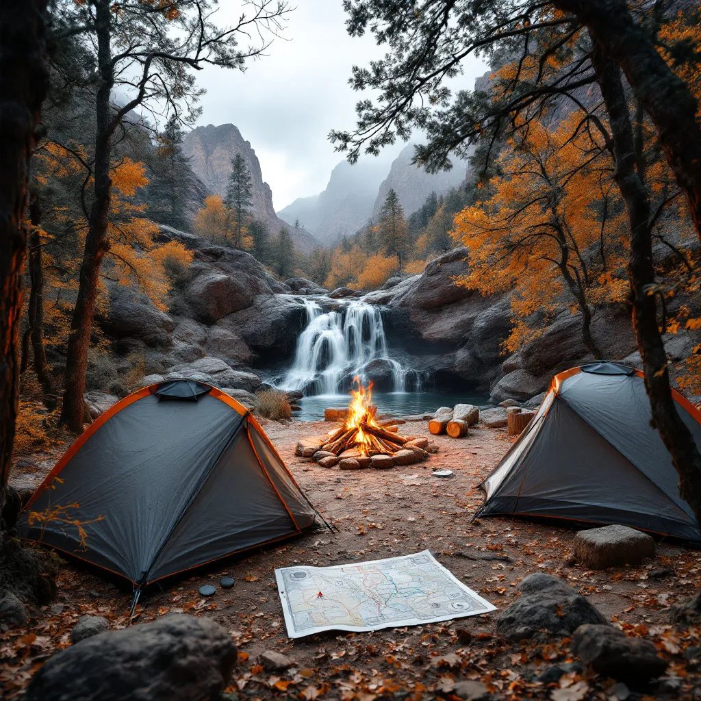 A gray and orange tent rests among the trees in Zion National Park. Nearby, a small waterfall trickles beside a campfire, with misty mountains rising in the background.
