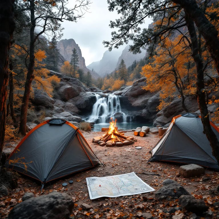 A gray and orange tent rests among the trees in Zion National Park. Nearby, a small waterfall trickles beside a campfire, with misty mountains rising in the background.