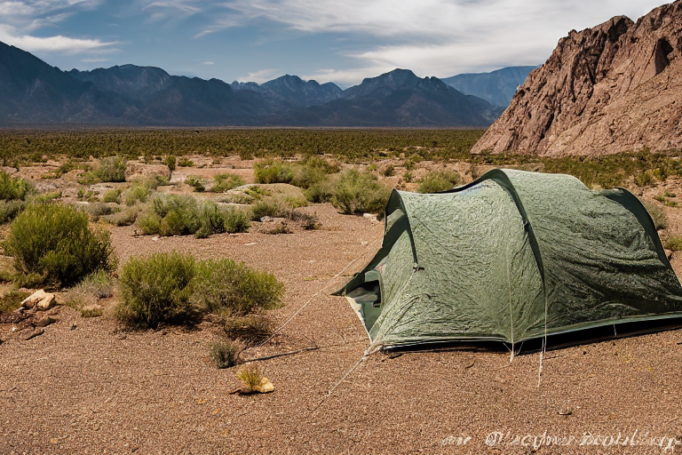 A green tent rests beside a small campfire in the rainy New Mexico desert. Boulders, fallen leaves, and a winding dirt path surround the campsite, with tall mountains rising in the distance.