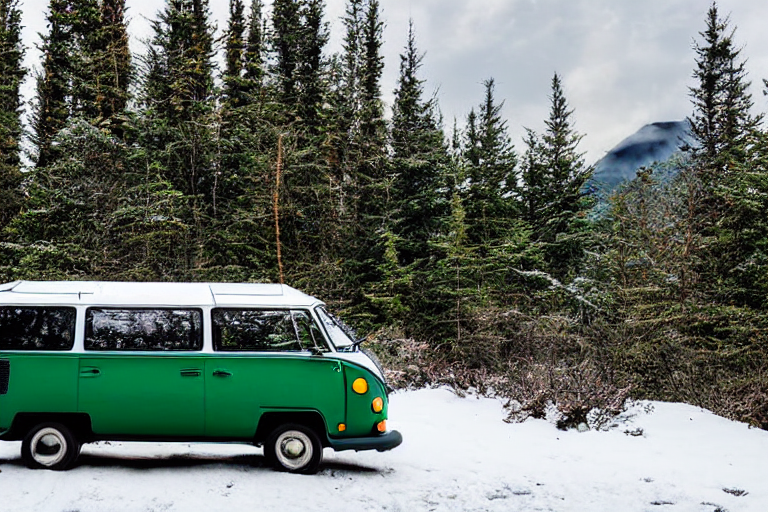 A green campervan rests on a quiet campsite beneath glowing northern lights. Snowy bushes, red berries, and rugged mountains surround the peaceful forest scene.