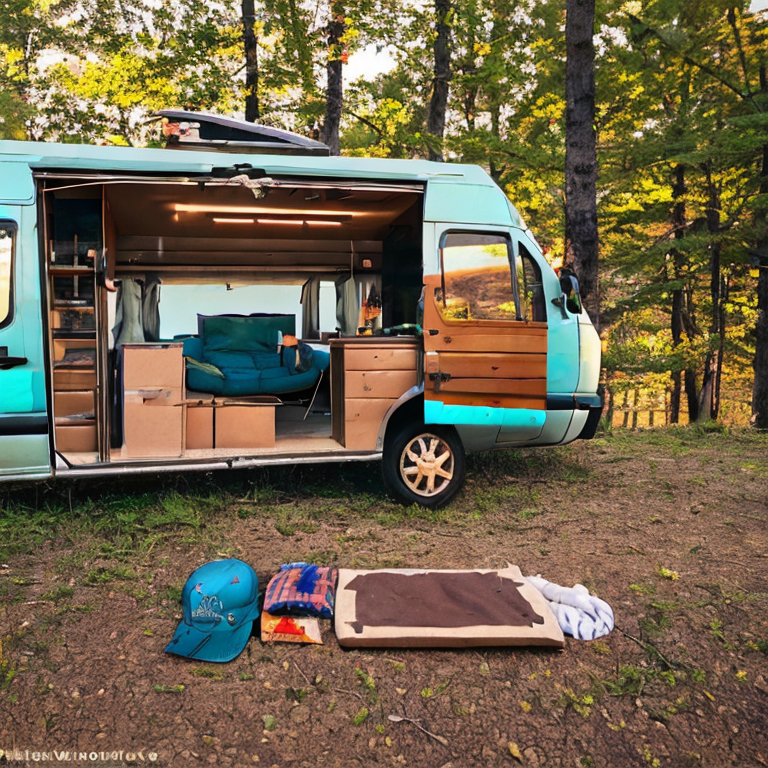 A teal camper van rests on a quiet dirt campsite along Minnesota’s North Shore. Warm sunset light shines over stone slabs, fallen leaves, and berry bushes, while camping gear sits nearby under a clear sky.