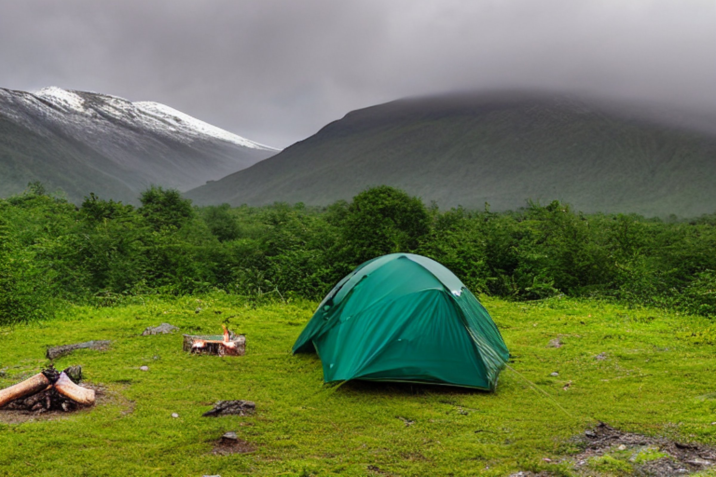 A green tent rests on a dirt campsite in a snowy mountain valley. Rolling hills and tall peaks surround the scene, while clothes hang on a nearby line. Logs sit around a small campfire, adding a cozy touch.