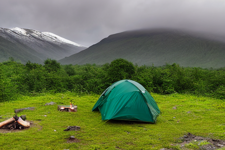 A green tent rests on a dirt campsite in a snowy mountain valley. Rolling hills and tall peaks surround the scene, while clothes hang on a nearby line. Logs sit around a small campfire, adding a cozy touch.