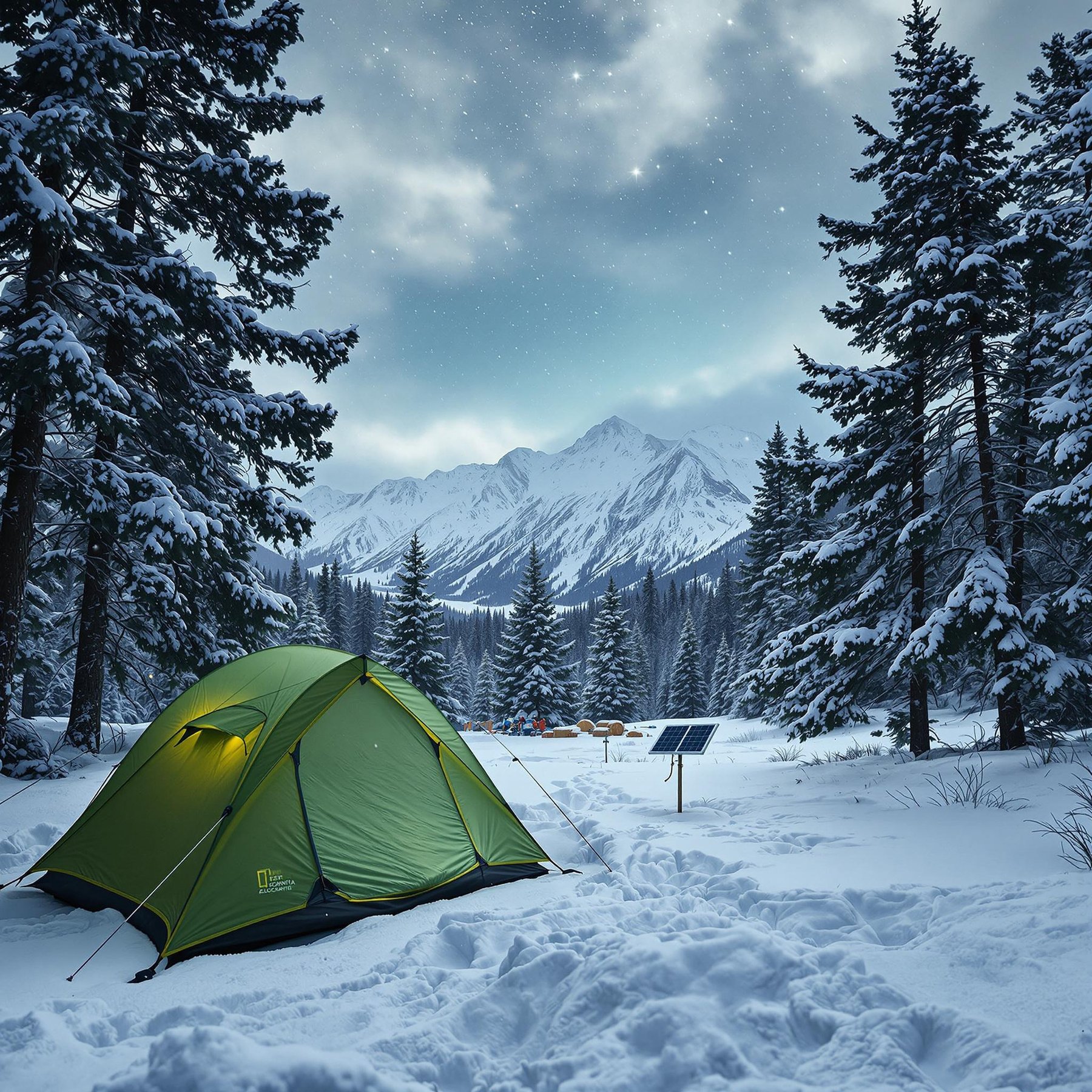 A forest-green tent rests in a quiet Hawaiian mountain campsite, surrounded by trees dusted with ice. Gray clouds fill the sky, while a small clearing reveals bright stars above the distant mountains. A solar panel sits nearby, charging a battery pack.