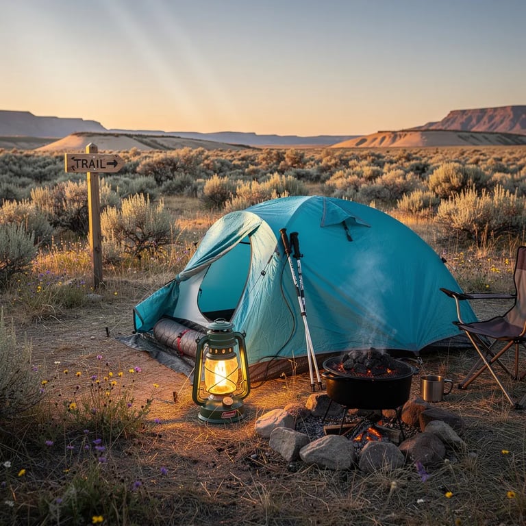 A turquoise tent sits on dry grass in the wide Idaho desert as the sun sinks low. Sagebrush and tiny wildflowers dot the plain, and faraway sandy hills fade into the dusty light. A warm lantern glows beside a heavy dutch oven, making the campsite feel cozy and calm. Nearby, a trail signpost stands like a quiet guide into the open land.