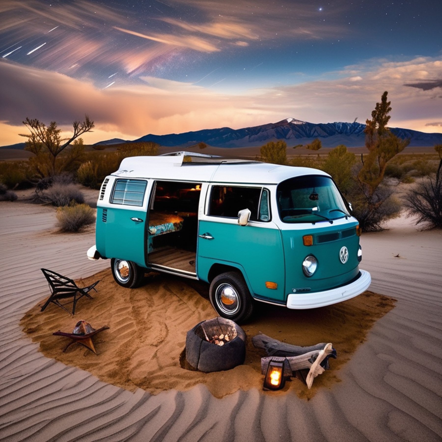 A teal camper van rests at a quiet campsite beneath a cloudy, star-filled sky. Small trees, fallen leaves, and twigs surround the dirt patch, with Great Sand Dunes and a mountain rising in the background.