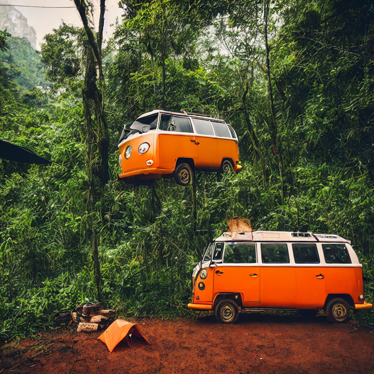 An orange camper van rests at a quiet dirt campsite in Halong Bay. A winding path, log fire, and softly glowing tent create a cozy mood beneath the cloudy sky.