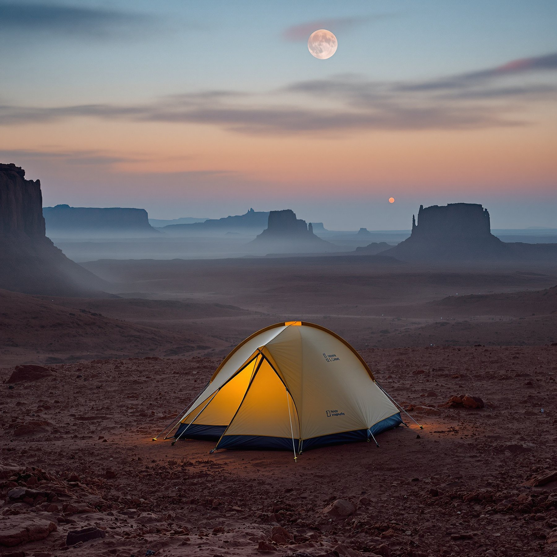 A bright yellow tent glows in the quiet desert as the sun sets and the full moon rises. Tall rock formations stand in the distance, making the campsite feel wild and magical. The soft colors in the sky create a peaceful, dreamy atmosphere.