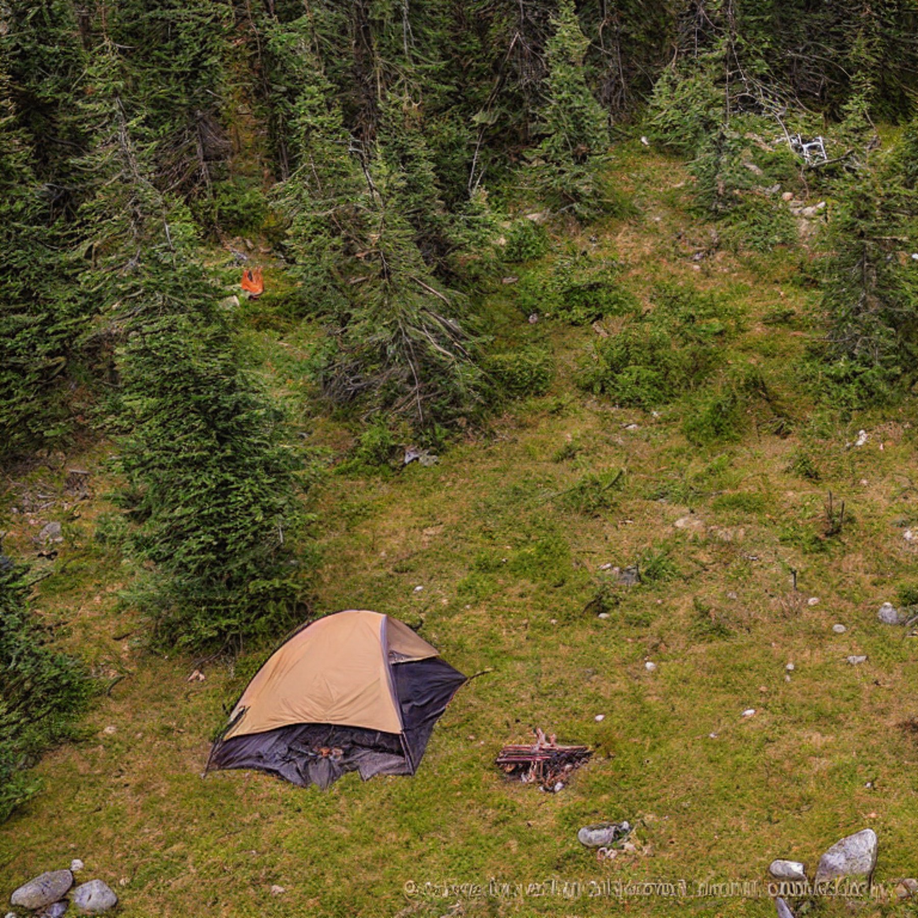 A brown tent sits on a rocky campsite as a clear sunset sky glows overhead. A small stream winds through the tall grass, while a warm campfire burns on the dirt nearby.