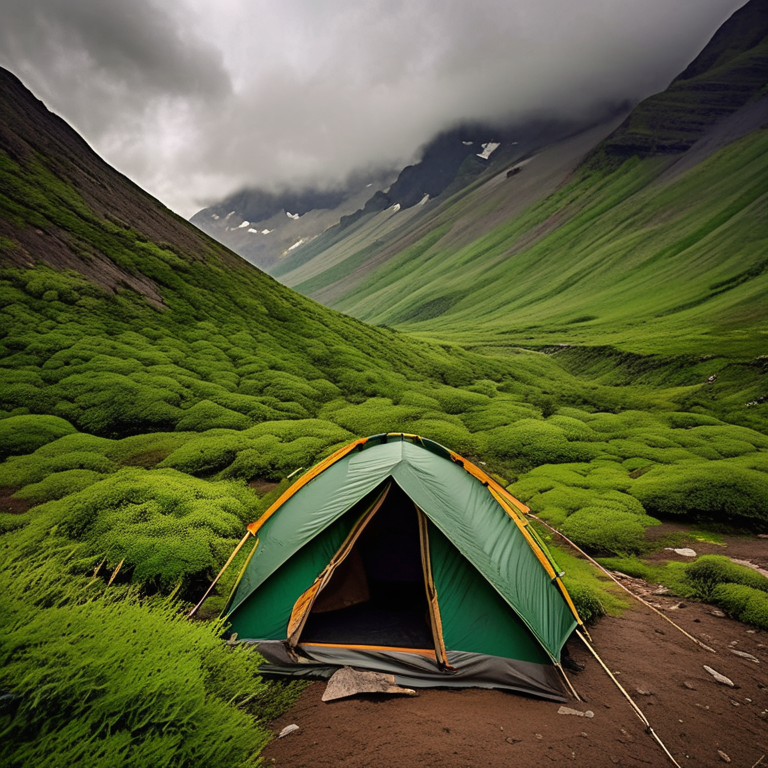 A green tent rests on a rocky patch in the Valley of Flowers. Mossy trees and thick bushes surround the campsite, while a small campfire warms the quiet, cloudy day.