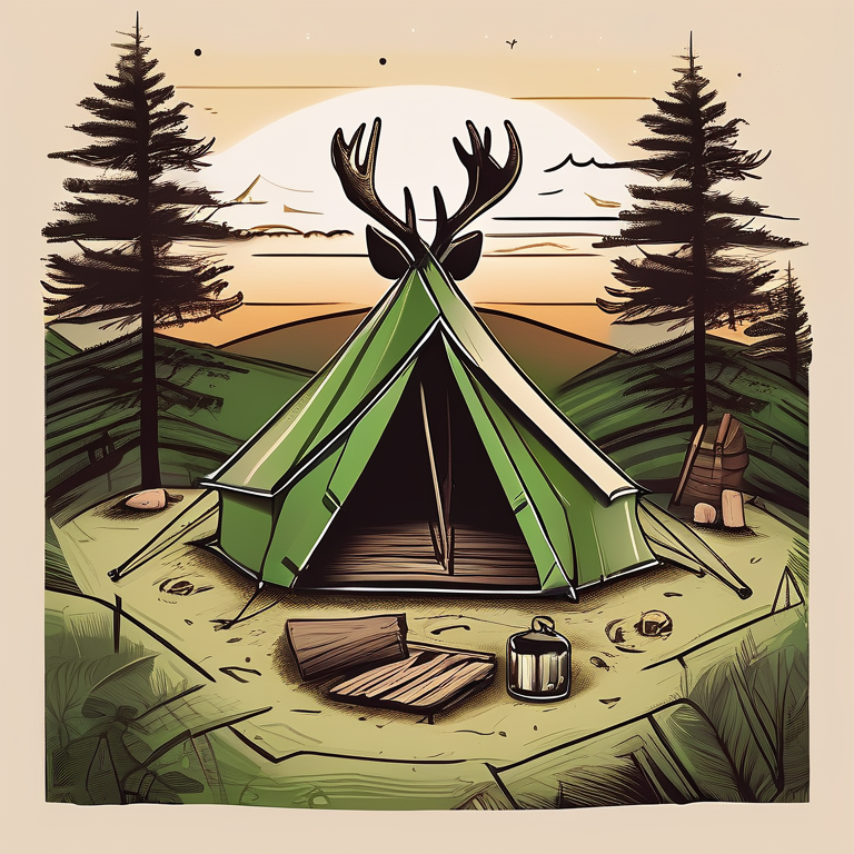 A green tent sits on a mountain campsite as the sunset warms the clear sky. A crackling campfire, wooden guitar, and dirt path create a cozy scene, while a deer watches from the distance.