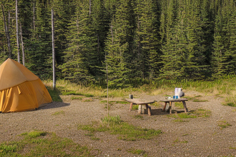 A tan tent rests beside a quiet paved campsite in the Alaskan wilderness. Clothes sway on a nearby line, while gravel patches and a dirt clearing sit under the warm golden-hour sun. Rolling hills stretch across the bright, peaceful landscape.