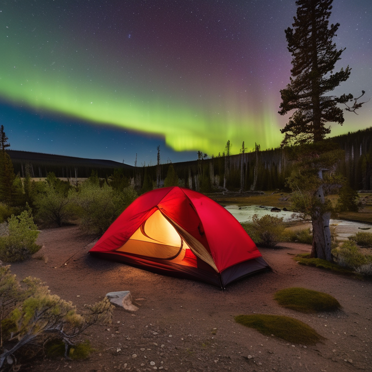 A red tent rests on a rocky dirt patch beneath tall, mossy trees in Yellowstone. Above it, bright green auroras ripple across the night sky, while a large rock adds a wild touch to the peaceful campsite.