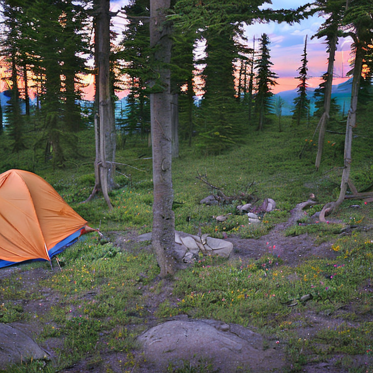 A brown tent rests on a rocky campsite in the Alaskan wilderness. Tall trees, small wildflowers, and rough ground surround the site, while a rainy sunset colors the open sky.