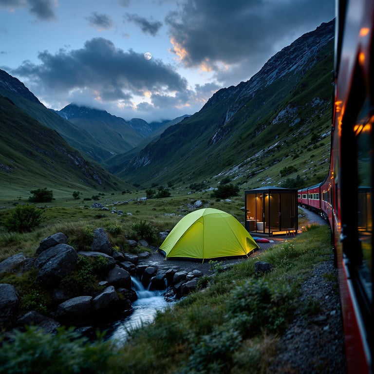 Nestled between majestic green mountains, this cozy campsite features a bright yellow tent by a gently flowing stream. The moon peeks through soft clouds, creating a magical evening glow. It's a perfect spot for a peaceful night under the stars.