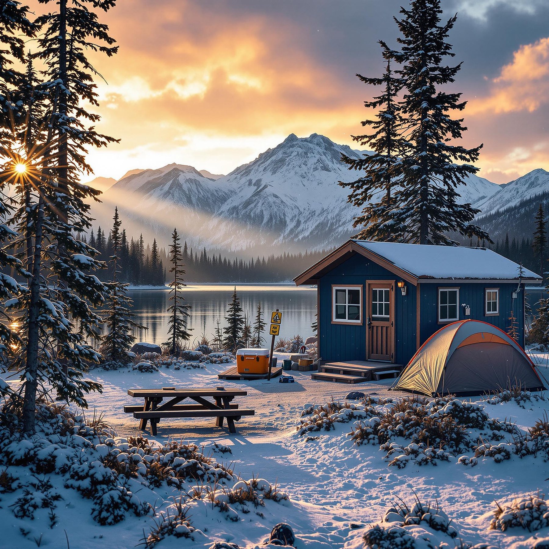 A cozy cabin and tent sit by a shimmering lake, surrounded by snowy mountains and tall trees. The sun peeks through the clouds, casting a warm glow on the peaceful scene. It's a perfect spot for a magical winter adventure.