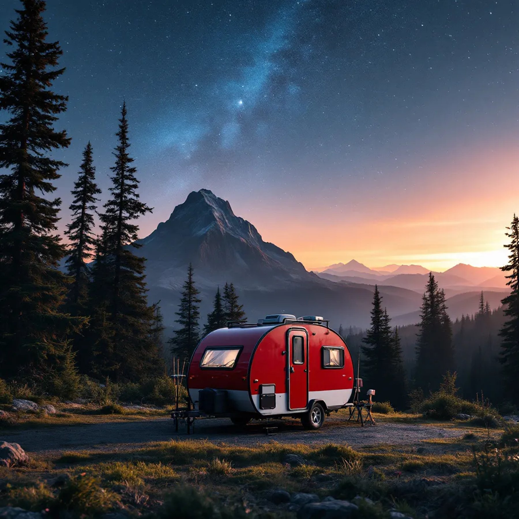 A red-and-white teardrop trailer rests in a quiet forest beneath a sky full of stars. A mountain range rises in the distance, while a fishing rod leans against a nearby tree. Dusty sunset light gives the campsite a warm, peaceful glow.