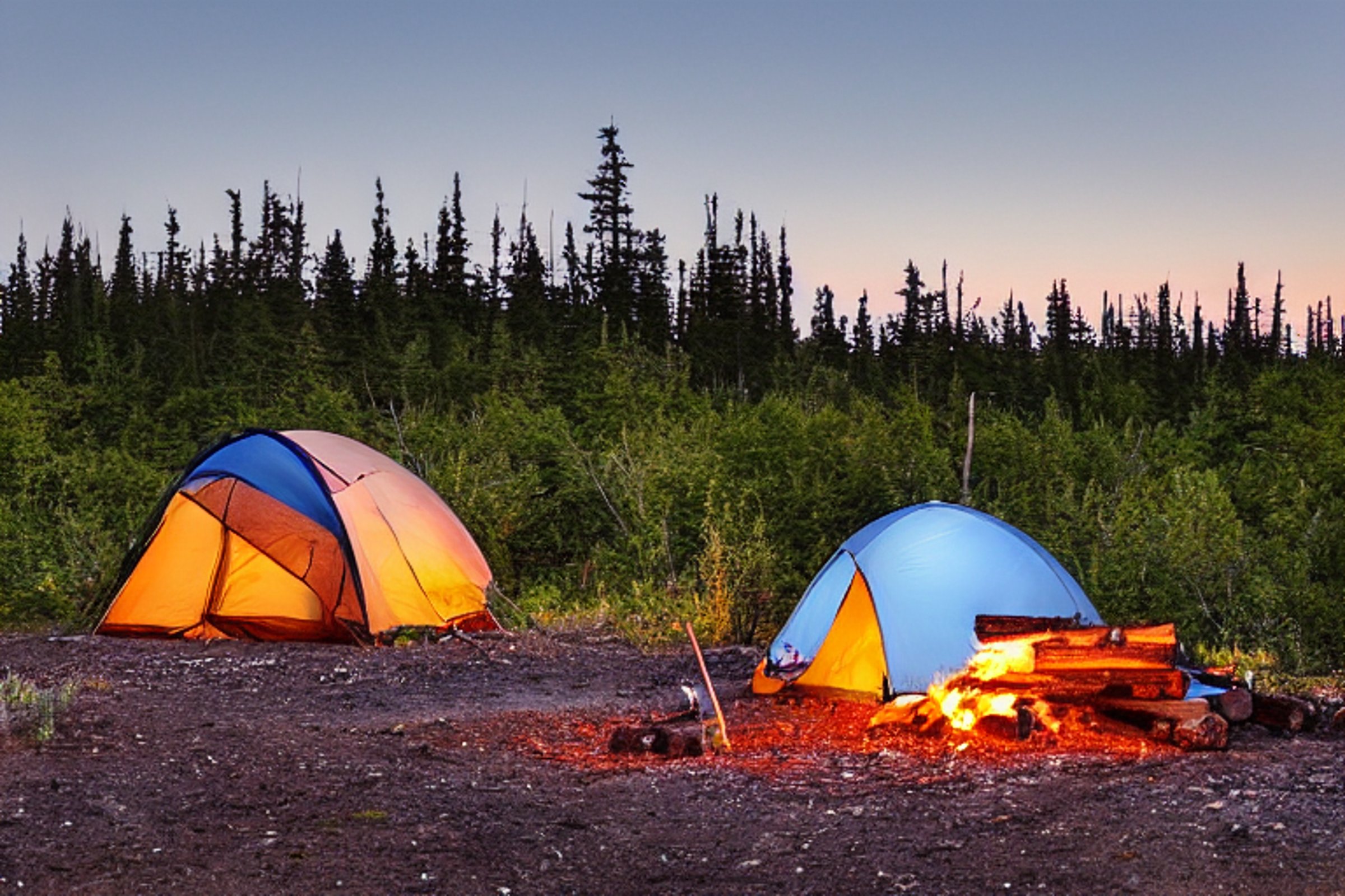 A gray and blue tent rests on a quiet dirt campsite as the sun sets behind the mountains. A warm campfire glows among the logs, surrounded by fallen leaves and clear evening skies.