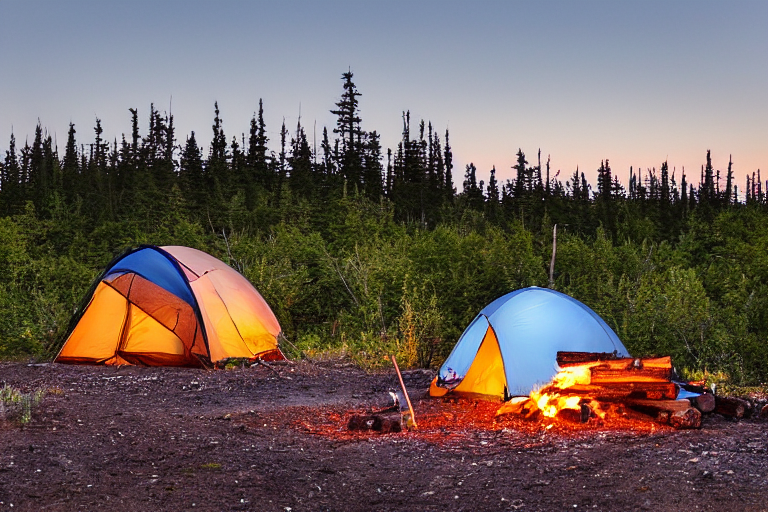 A gray and blue tent rests on a quiet dirt campsite as the sun sets behind the mountains. A warm campfire glows among the logs, surrounded by fallen leaves and clear evening skies.