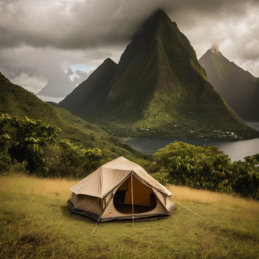 A tan tent rests in tall grass beneath the green mountains of Soufrière, St. Lucia. A soft flashlight glow shines from inside as dark thunderclouds gather overhead. A lone deer stands quietly in the distance.