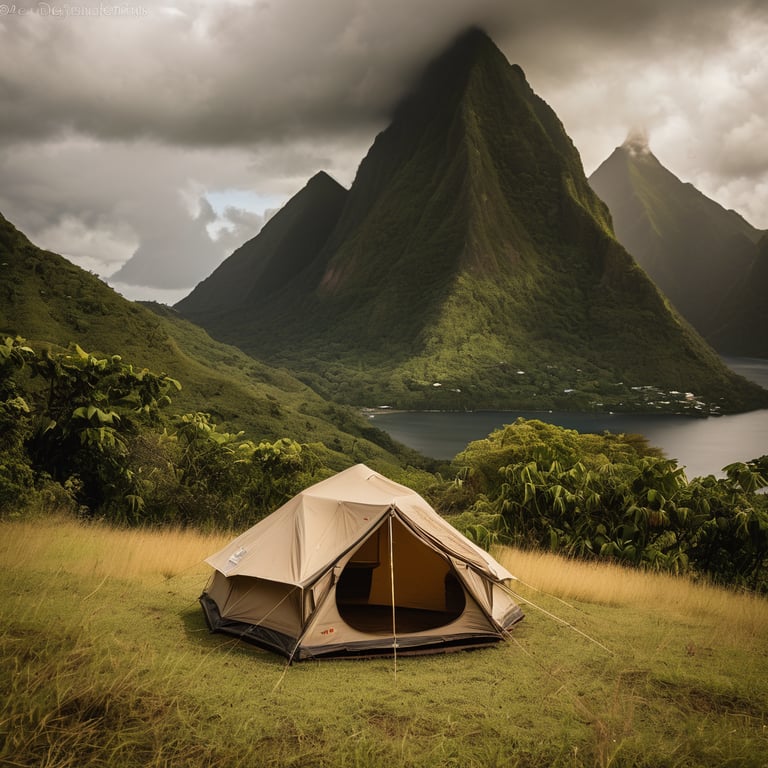 A tan tent rests in tall grass beneath the green mountains of Soufrière, St. Lucia. A soft flashlight glow shines from inside as dark thunderclouds gather overhead. A lone deer stands quietly in the distance.