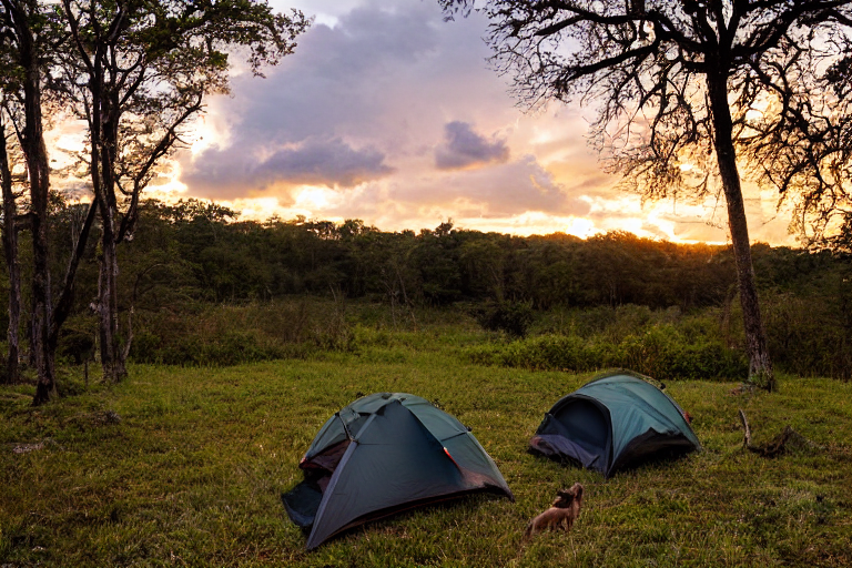 A cozy tent rests on a paved campsite beside a muddy patch, with rain falling softly in the golden light. A stone-ringed campfire, camping gear, and scattered rocks add warmth, while a deer stands quietly in the distance.