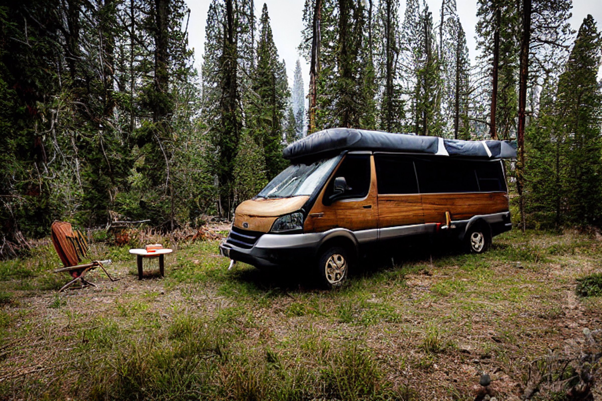 A black camper van rests at a quiet campsite in Yosemite as stormy clouds glow with sunrise light. Camping chairs, a wooden guitar, and a warm tent sit beside the grassy dirt clearing.