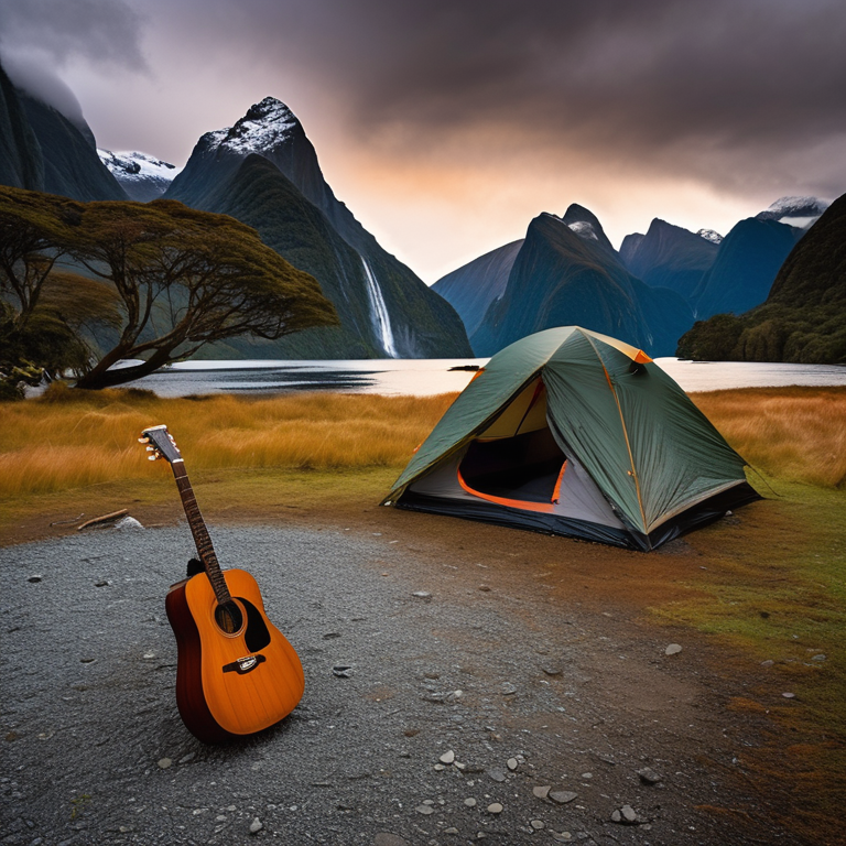 A cozy tent rests beside a paved campsite in rainy Milford Sound, with tall trees and misty sunrise light all around. A wooden guitar lies near a large rock, adding a warm touch to the peaceful wild setting.